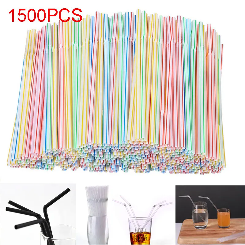 

1500pcs Colorful Black White Flexible Disposable Plastic Curved Drinking Straws Events Party Bar Drink Rainbow Straw 8 Inch Long