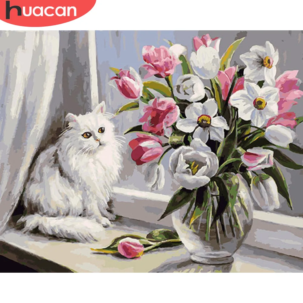 HUACAN картины по номерам кошка животные наборы для рисования холст ручная роспись DIY картина маслом цветок украшение дома искусство