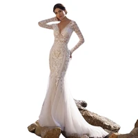 mermaid v neckline open back wedding dress 2021 long sleeve lace applique backless sexy wedding dress new dress