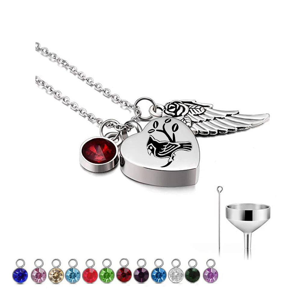

Heart-shaped angel wings cremation jewelry for ashes keepsake commemorative bird pattern pendant with 12-color birthstone