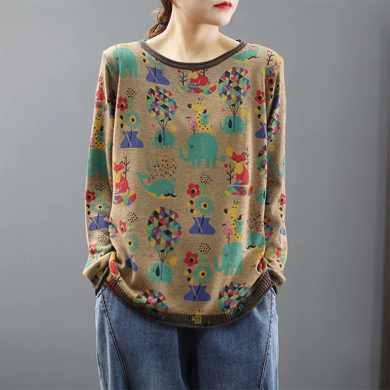 

Осень 2021, художественный ретро свитер, Женский Свободный Повседневный Универсальный пуловер с круглым вырезом и милым мультяшным принтом, ...