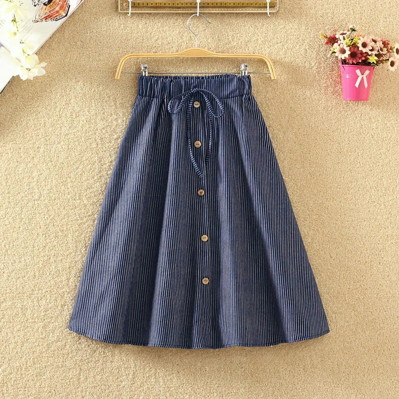 

High Waist Skirt Casual Striped Bow Denim Women Solid Color Long Skirt Female Elegant Big Hem Casual Button Jean Skirt