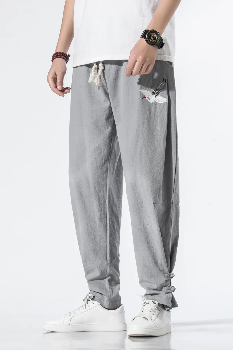 

2020 Chinese Style Embroidery Casual Plus Size Male Harem Pants Buckle Turnip Pants Loose Trousers Beam Pants