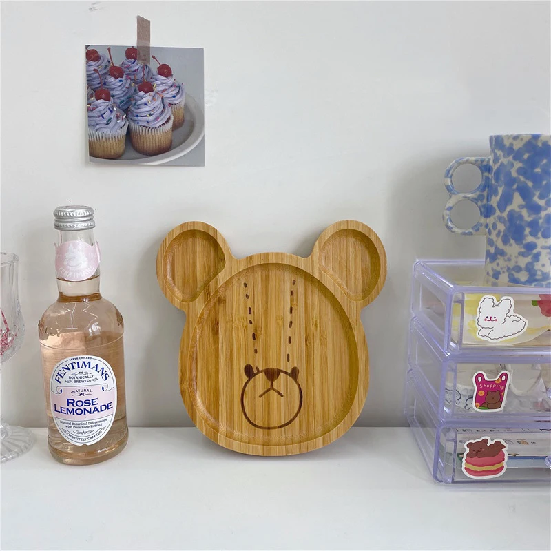 

Wooden Plate Cartoon Bear Salad Dish 플레이트 Korean 10 Inch Flat Plate тарелки Bamboo Bear Kids Dish Cake Stand Tray Посуда