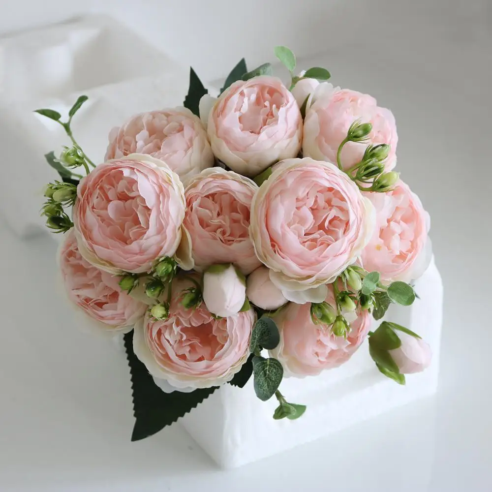 

New 2021 rose pink silk peony artificial flower bouquet 5 big heads 4 buds cheap fake flowers, suitable for family wedding decor