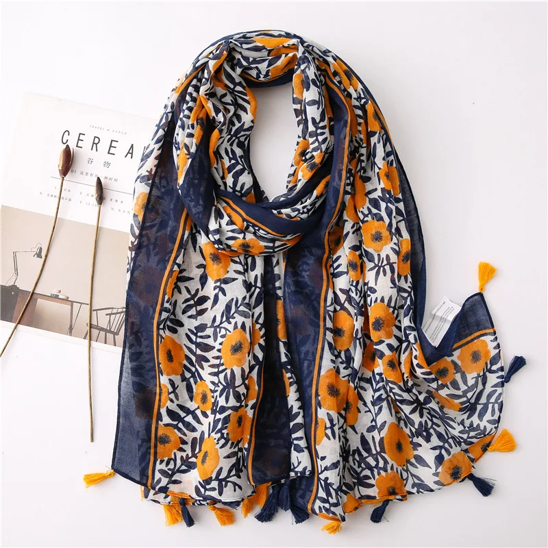 

2021 Newest Floral Printed Cotton Hijab Scarf Navy Long Tassels Scarves Women Navy Headscarf Uneven Spain Women's Cape Bandana