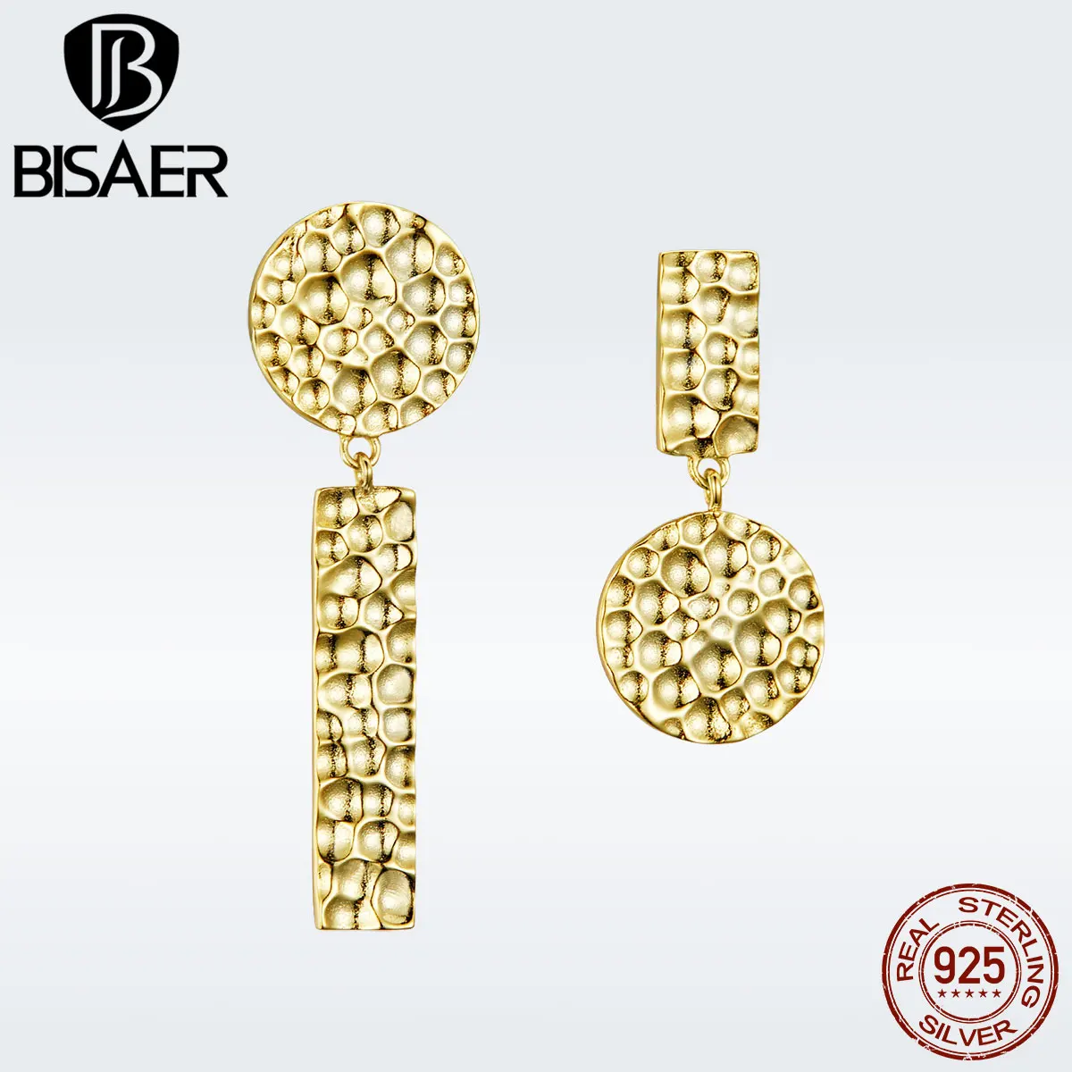 BISAER, 925 пробы, серебристый, шикарный, золотой цвет, Круглый, геометрический асимметричный, висячие серьги для женщин, модные ювелирные изделия, Brincos GXE533