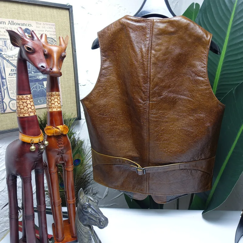 Мужской жилет из натуральной воловьей кожи коричневый без рукавов размера xxxxl 4xl