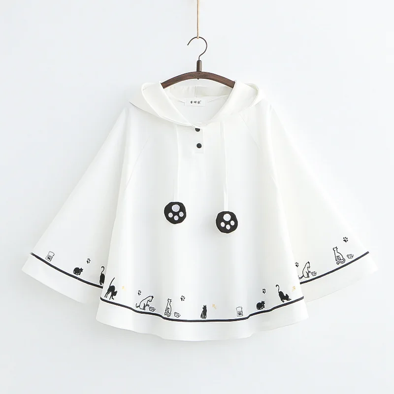 Женский плащ в стиле Харадзюку с вышитыми кошачьими лапками и ушками японском