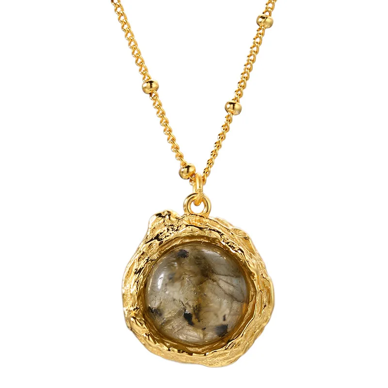 

Fengxiaoling Luxury Crystal Pendant Necklaces 925 Sterling Silver Geometric Round Labradorite Gold Necklace Valentines Day Gift