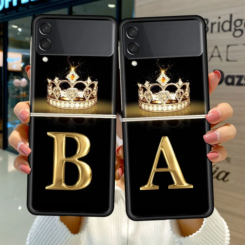 

Fold Case for Samsung Galaxy Z Flip 3 Black Silicone Hard Phone Cover Shockprooft Capas Fashion Funda Hot Gold Letter