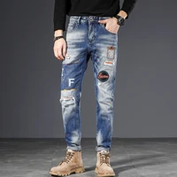 european american street fashion men jeans retro blue elastic slim fit ripped jeans men patches printed designer hip hop pants