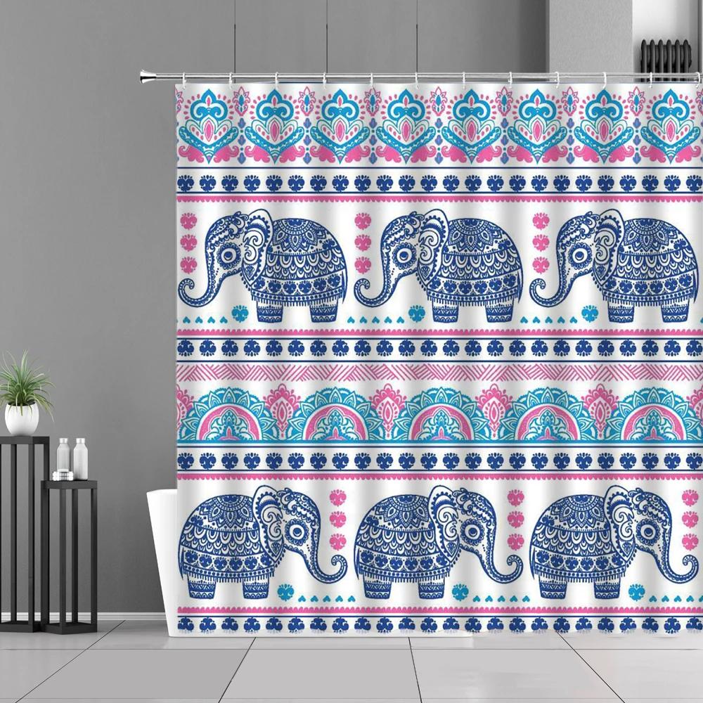 

Elephant Geometry Pattern Shower Curtain Mandala Flower Bohemia Style Bathroom Decor Curtains With Hooks Waterproof Polyester