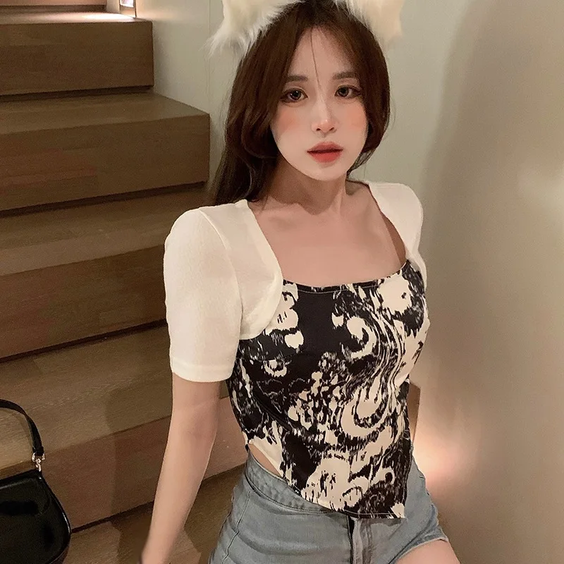 

Jlong Women's Fashion Square Neck Panel Irregular Slim Short Sleeve T-Shirt Top