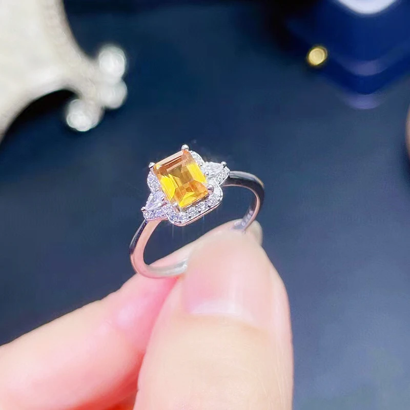 

Solid sv925 Handmade Natural Yellow Quartz Resizable Ring Dainty Retro Jewelry Octagon Cut Gemstone Engagement Ring Lovely Gift