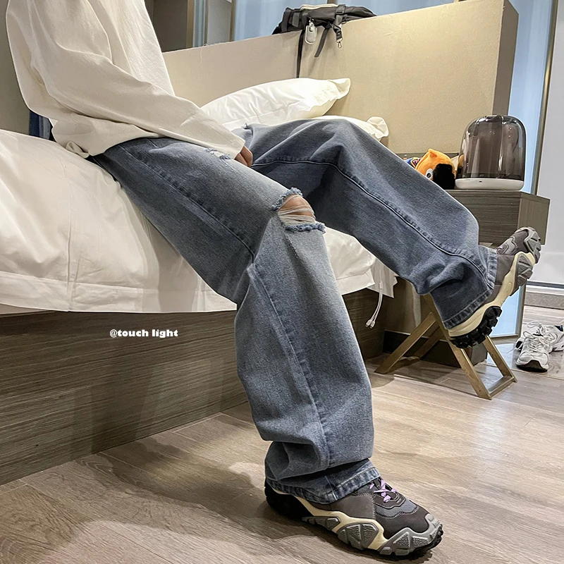 

Men's Denim Pant Stretch Destroyed Ripped Design Fashion Hole Straight Jeans For Men Plus Size High Street Biker Jeans