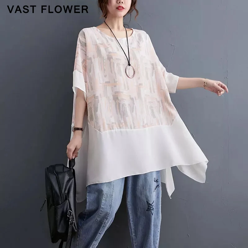 

Women Print Split Patchwork T-Shirt New Round Neck Short Sleeve Chiffon Loose Casual Tee Shirt Tops Fashion Clothes Summer 2021