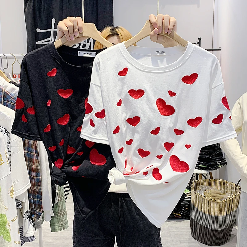 Футболка с вышивкой в виде сердца хлопковые белые женские топы летние черные