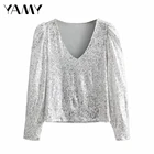 Новая весенняя превосходная женская рубашка с блестками, Топ с длинным рукавом и V-образным вырезом, блестящая Сексуальная футболка, Женская Праздничная Серебристая рубашка, 2021
