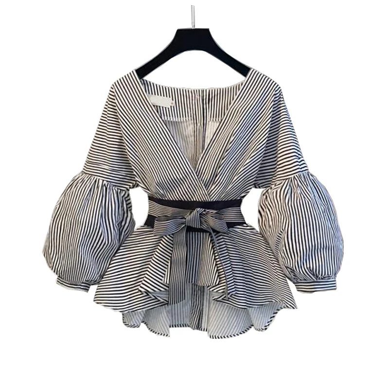 

Fashionable spring and autumn women's large size striped shirt summer women's new waist bow horn sleeve ruffled shirt tide