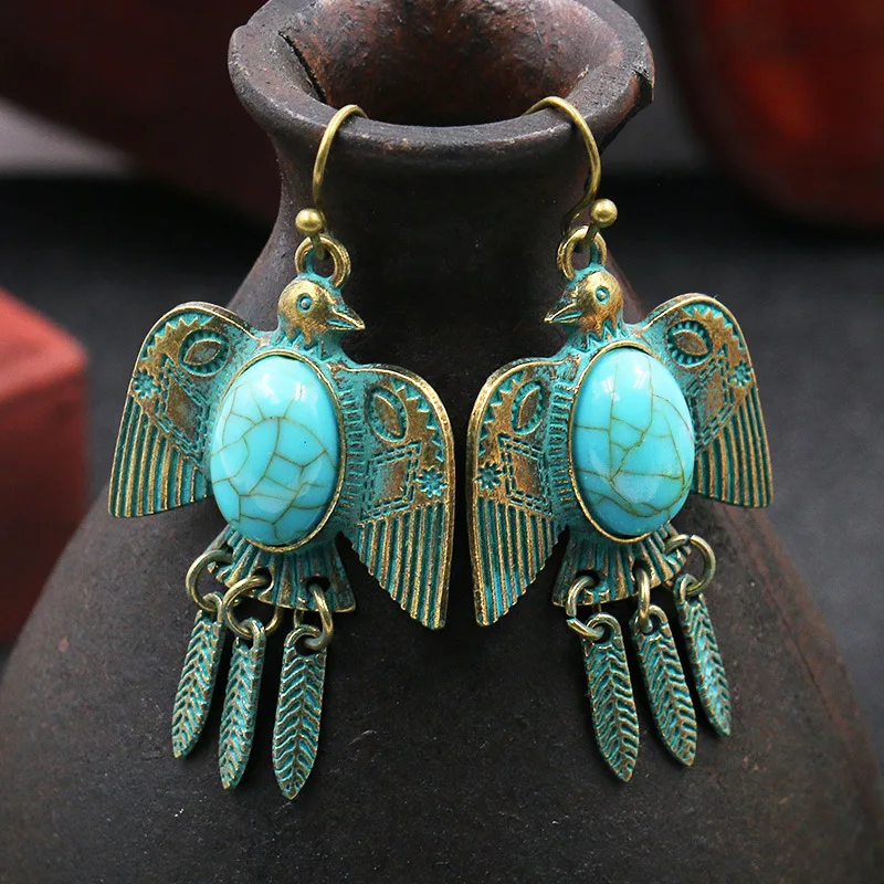 

Boho Ethnic Turquoises Dangle Earrings Brincos Metal Green Antique Bronze Pigeon Shape Earring For Women