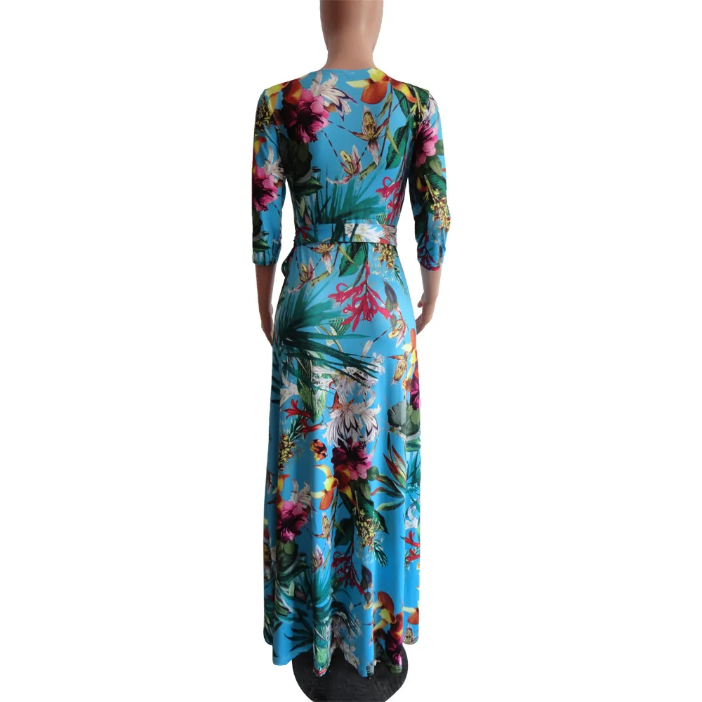HAOOHU весенне-летнее женское платье, сексуальные платья для вечеринок, Vestidos размера плюс, с перекрестным v-образным вырезом, с принтом, Бандажное, с большим подолом, свободное Макси платье