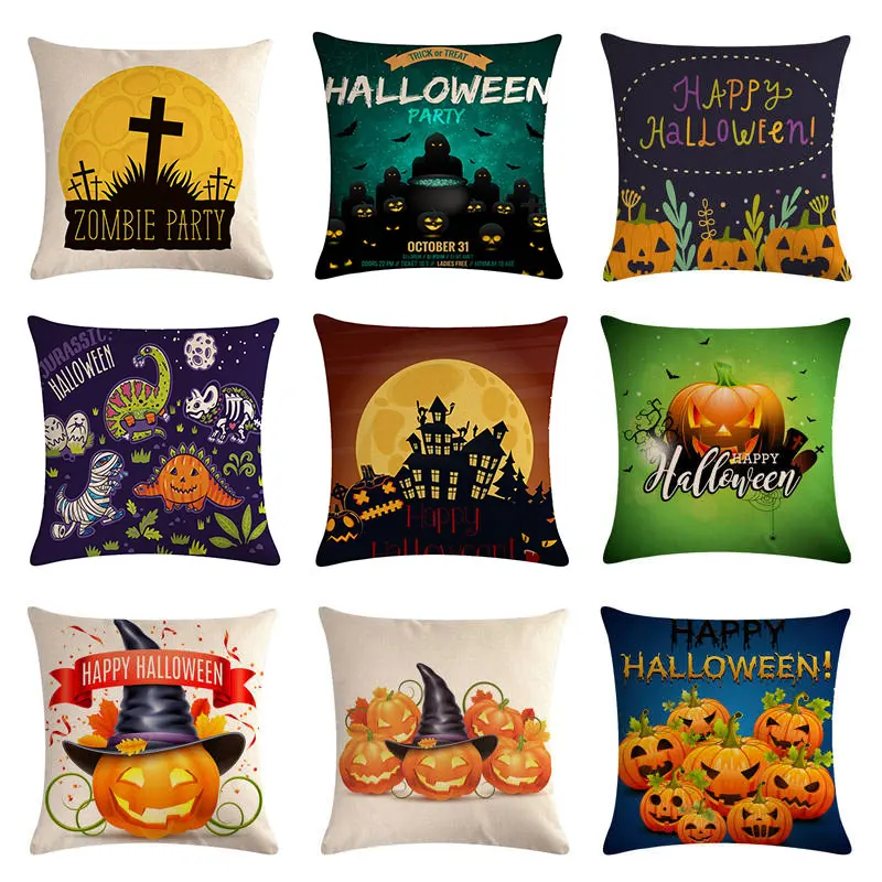 

High Quality Happy Halloween Cushion Cover watercolor pumpkin Home Decor Linen Throw Pillow Cover Car Sofa 45x45cm Pillowcase