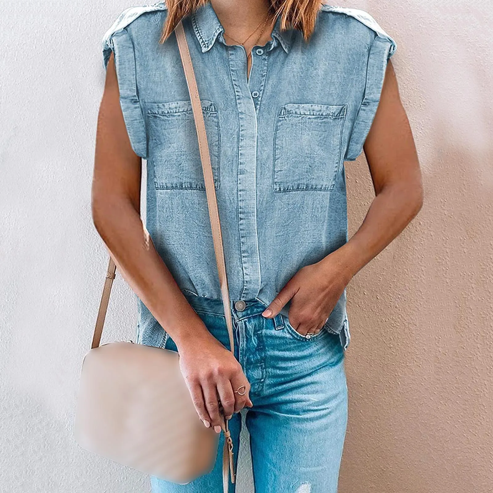 

40# Turn-Down Collar Tank Women Blouse Denim Elegant Vintage Sleeveless Tops Blouses Femme Button Blouses Ladies Blouses