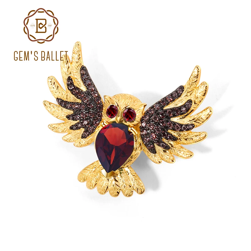 

GEM'S BALLET Delicate Owl Brooches 925 Sterling Silver Fine Jewelry Natural Red Garnet Gemstones Animal Brooch & Pins For Women