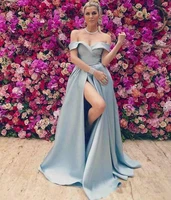 new sky blue off shoulder long evening dresses wear sexy cheap ruched draped side split custom prom gowns cheap party celebrity