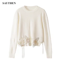 saythen high street women loose short sweater luxury embroidery lace beading flowers hollow out jumper sweet girl party tops