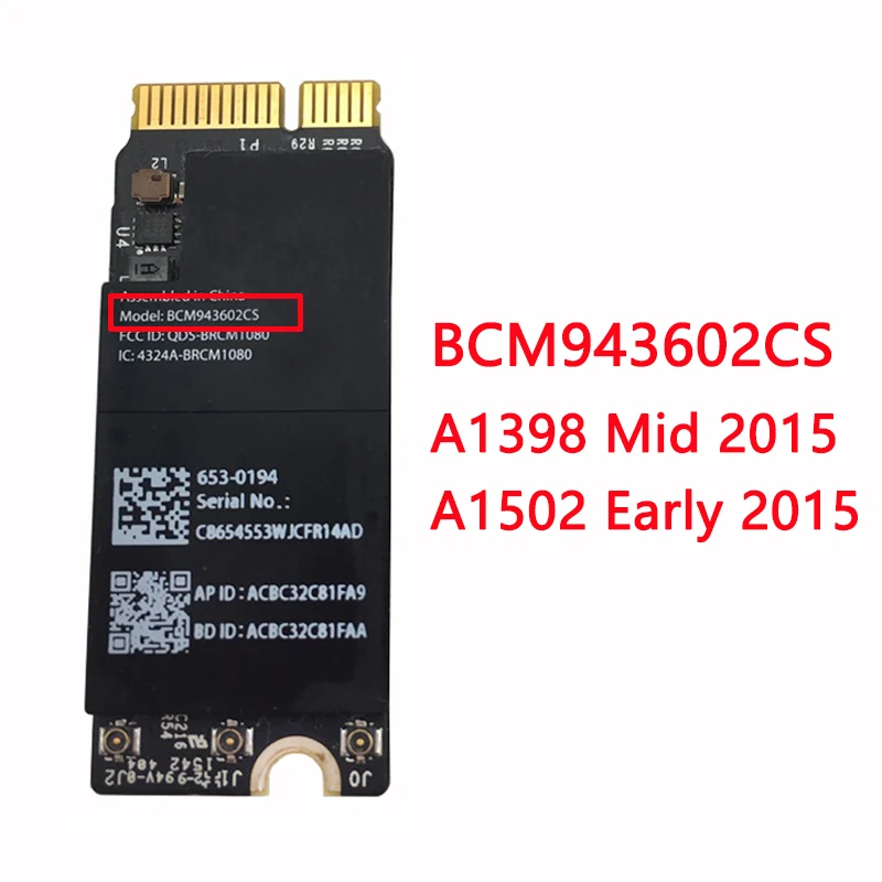 Оригинальная Bluetooth 4 0 1 Wifi карта для Macbook Pro Retina A1502 A1425 A1398 BCM94360CS BCM943602CS802.11ac 2013 2014 |