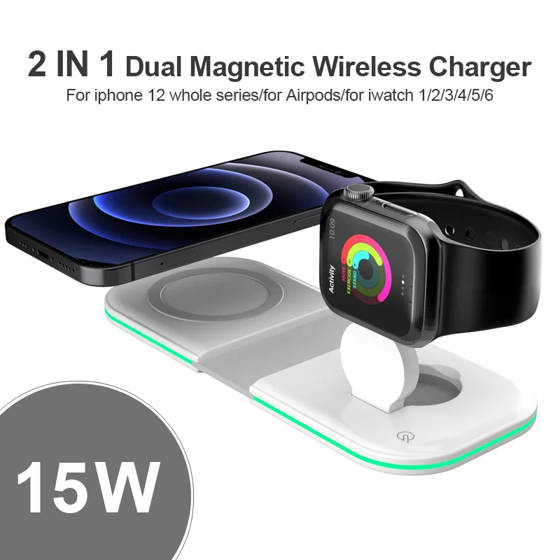 

2in1 Folding Magnetic 15W Wireless Charger for iPhone 12 Pro Max Mini Magnet Fast Wireless Charging Stand for Apple iWatch 6 5 4