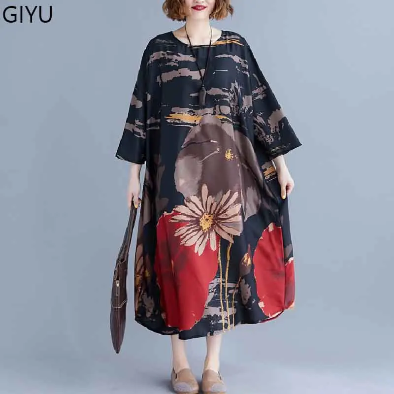 Большие размеры Boho для женщин осеннее платье винтажное искусство этническое