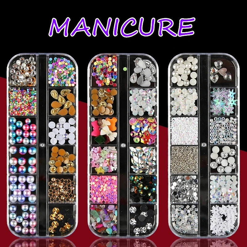 

3D Beauty 12 Grids/Sets Rhinestones Nail Decoration Round Glitters With Hard Case DIY Dazzling Paillette Nail Art Decorations