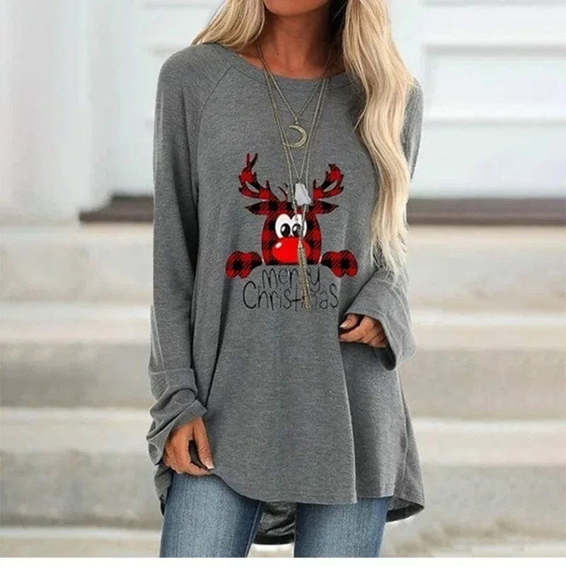 Женские футболки с рождественским узором длинным рукавом милым принтом оленя