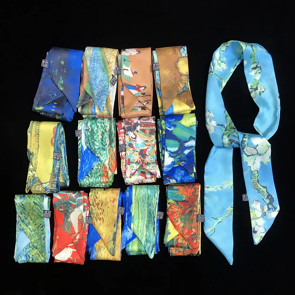 

2020 Van Gogh Oil Painting Twill Silk Scarf Women Neckerchief Skinny Scarf Bag Ribbons Female Neck Tie Head Scarves Wraps