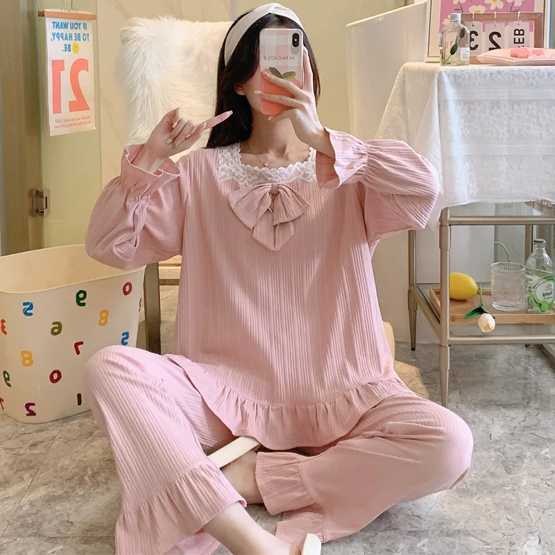 

Pink Cotton Sleep Suit Two Pieces Pajamas Set With Trouers Spring New Women Nightwear Suit Homewear Casual Long Home Clothing