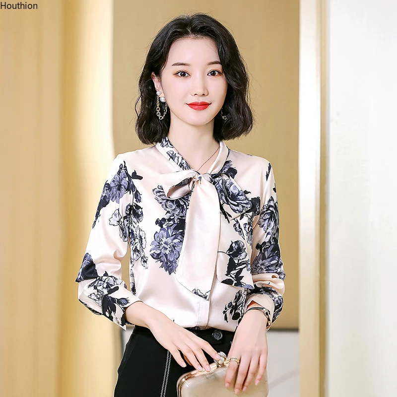 

Шелковые атласные свободные женские рубашки, новые модные блузки, повседневные осенние Блузы с длинным рукавом и цветочным принтом и банто...