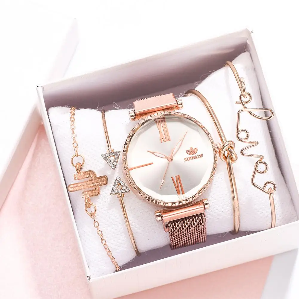 

5pcs/set Luxury Women Watches Roman Numerals Magnet Buckle Ladies Wrist Watch Dress Simple Watch And Bracelet Set Womens Reloj