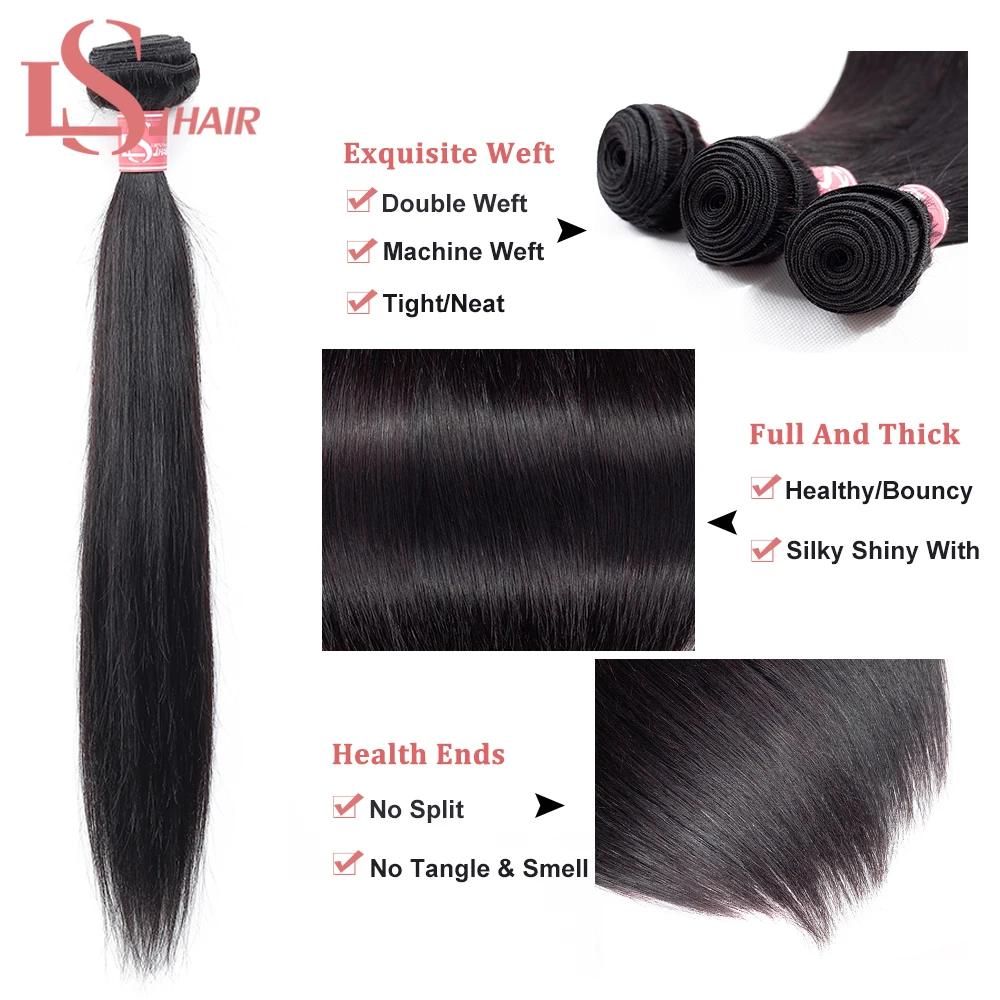 Волосы LS перуанские прямые волосы 3 пряди Remy человеческие для наращивания с 4*4