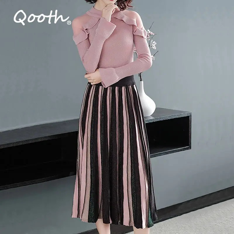 

Qooth 2019 New Skirts Designer Runway Summer Women Knitted Skirt Elegant Vintage Color Patchwork Striped Fashion Skirts QH1811