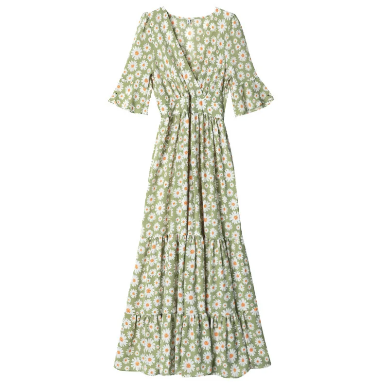 

GOOHOJIO 2021 Summer New Temperament Print Floral Women Dress V-Neck Short Sleeve Dresses Women Vacation Split Fork Ladies Dress