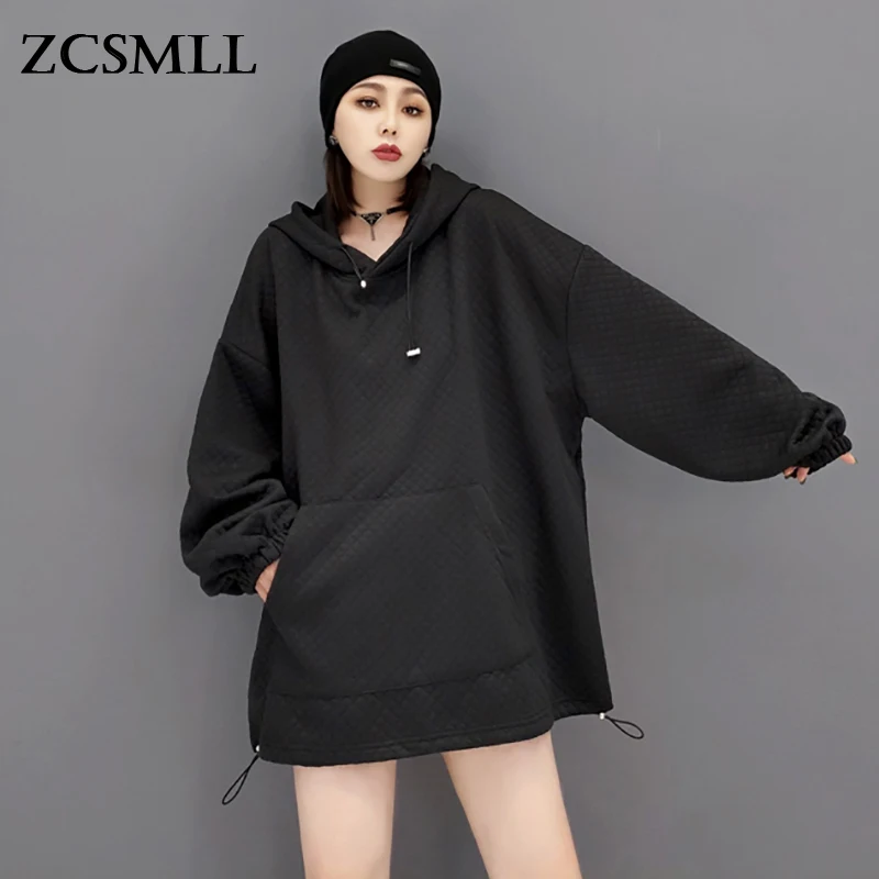 

ZCSMLL Fashion White Waffle Hoodies Women's Autumn 2021 New Hooded Loose Long Sleeve Black Sweatshirt Female Tide TH560