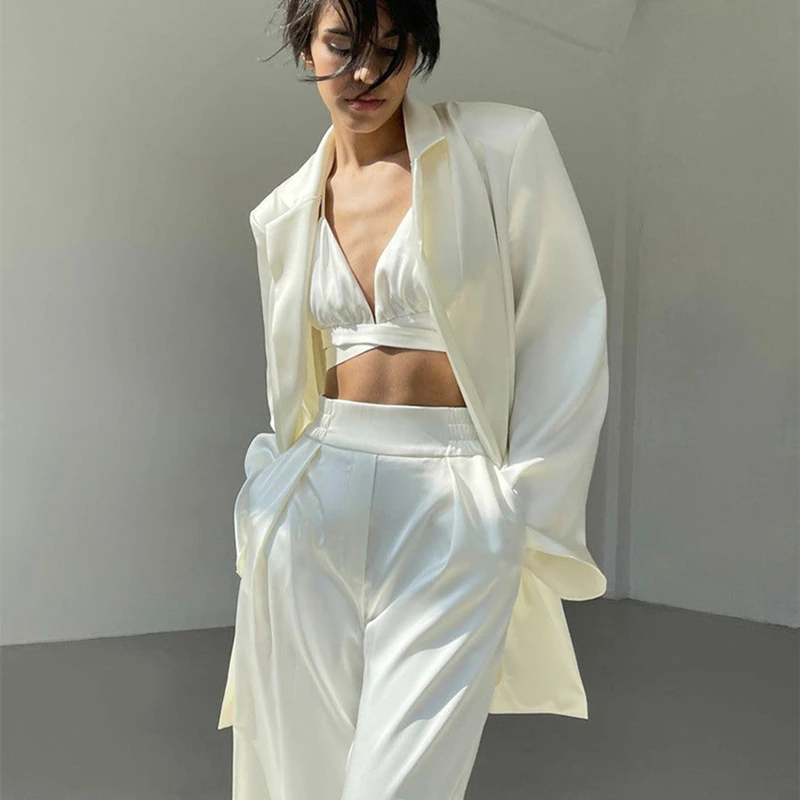 

Autumn Sexy Satin Two Piece Set Women Office Lady Suit Coat White Vest With Pants Suit 2021 Fashion Chic High Street Suit Female