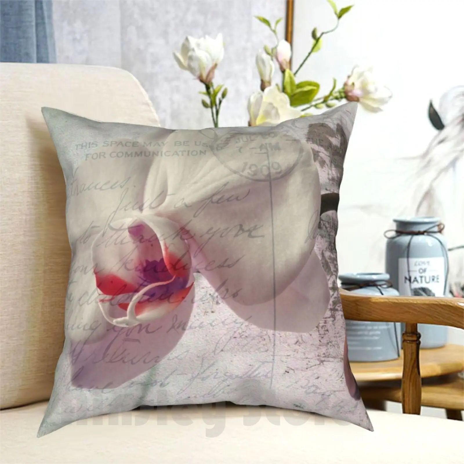 

Orchid On 1909 Vintage Postcard Pillow Case Printed Home Soft Throw Pillow Flowers Floral Nina Silver Nature Post