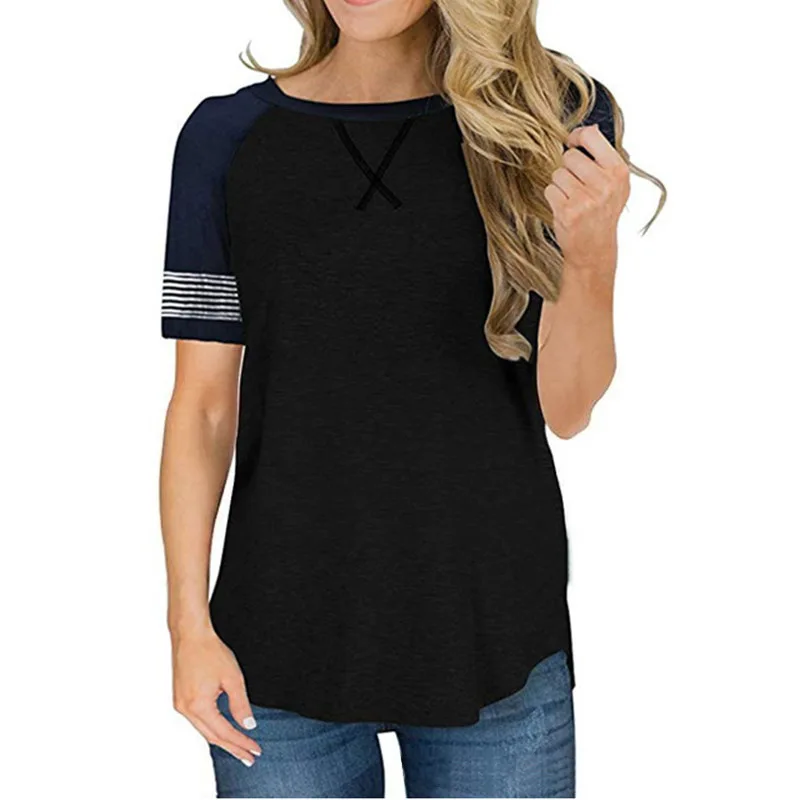 

2021 women's summer short sleeve splicing round neck casual T-shirt raglan sleeve loose top