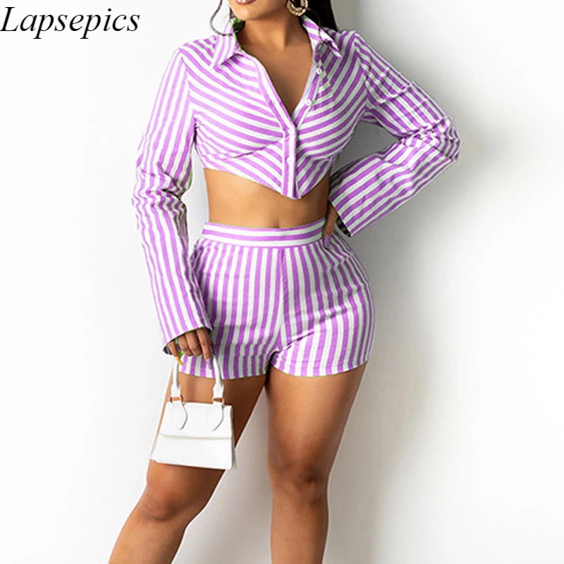 

2 Piece Shorts Set Women Turn Down Collar Stripe Printed Top Blouse & Bodycon Shorts Suit