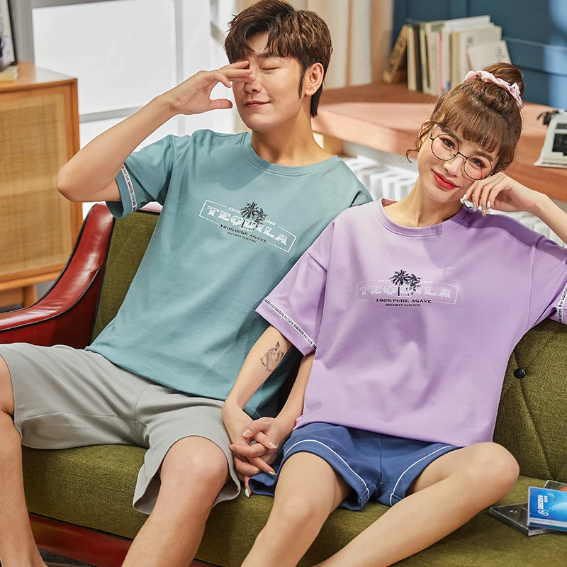 

Pajamas For Couples Summer Fashion Simple Letter Printing Lady's Short Sleeve Cotton Leisure Homewear Plus Size Sleepwear Male