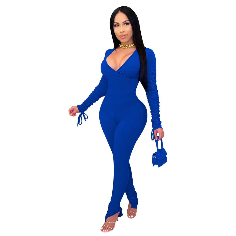 

Stacked Drawstring Bodycon Rompers Womens Jumpsuit Women's Festival Clothing 2021 V Neck Long Sleeve Split Hem Ribbed Bodysuits